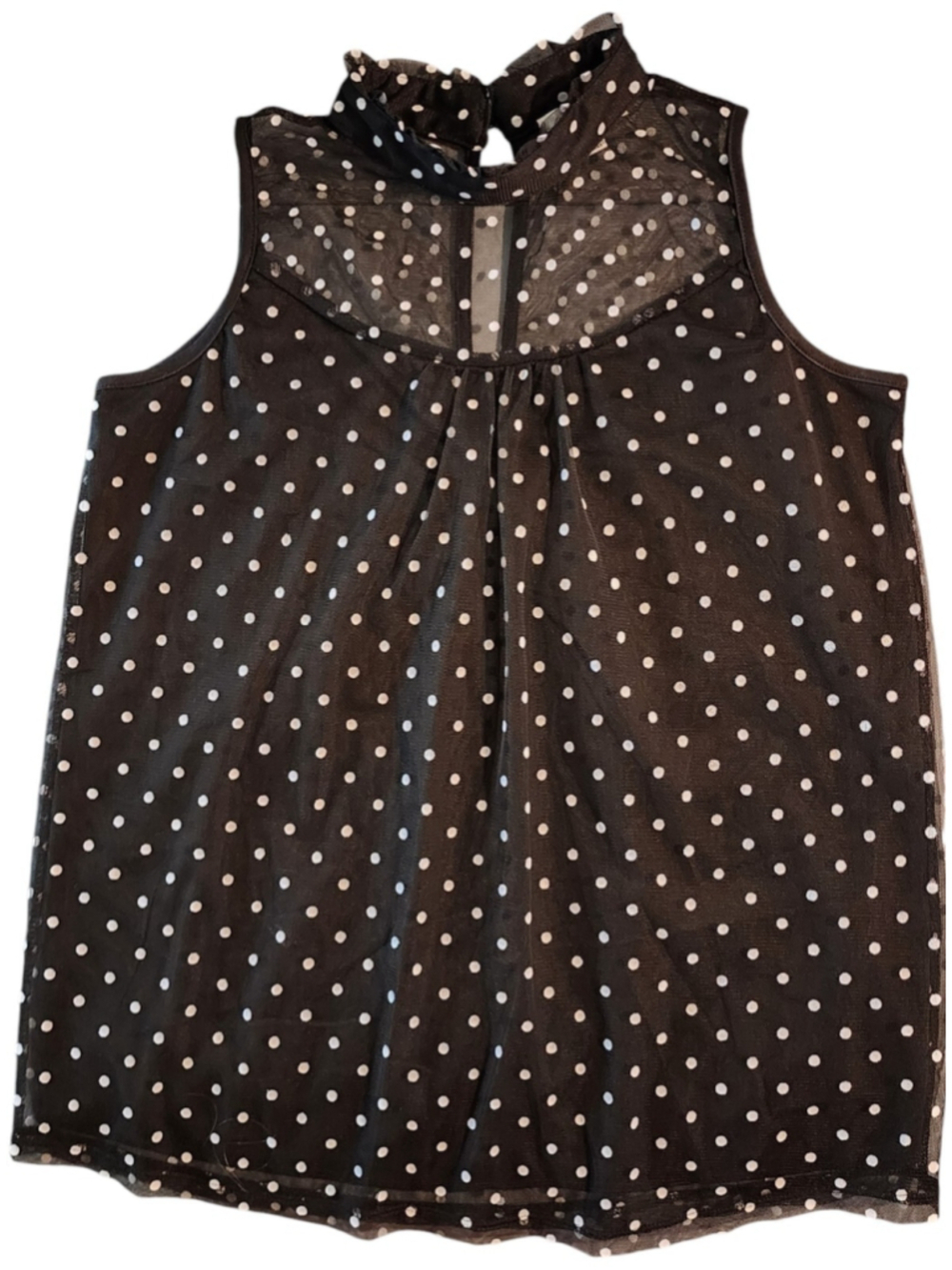 Shannon Ford NY Black White Polka Dot Sheer Mesh High Neck Sleeveless Blouse M